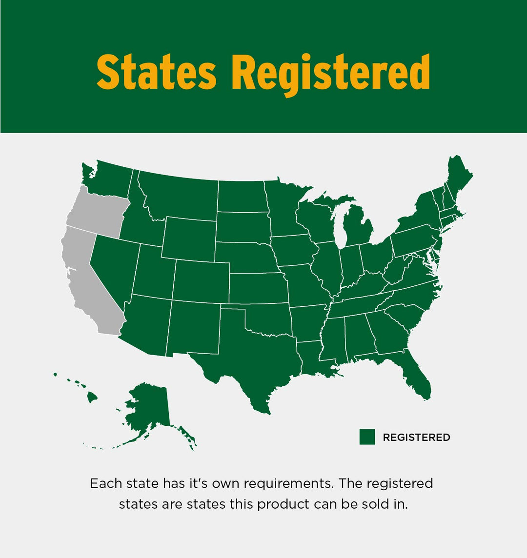 Map showing product is registered in all states except for CA and OR