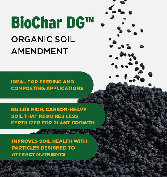 Pile of biochar dg with benefit callouts