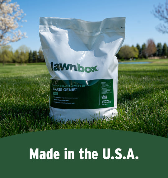 Bag of Grass Genie fertilizer with callout Made in U.S.A.