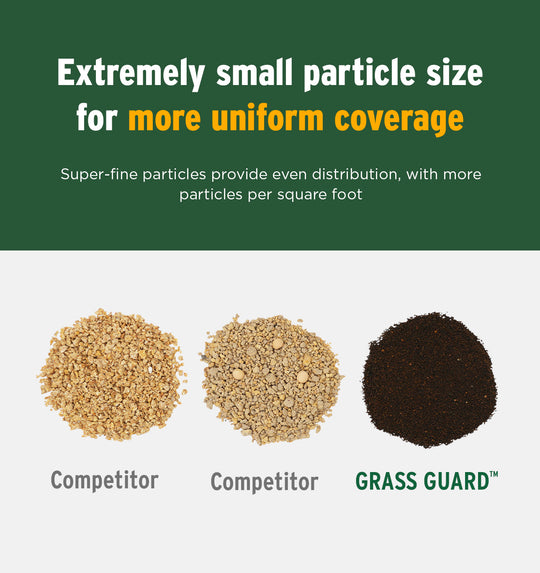 Comparison of three types of seed or fertilizer with text about particle size and uniform coverage.