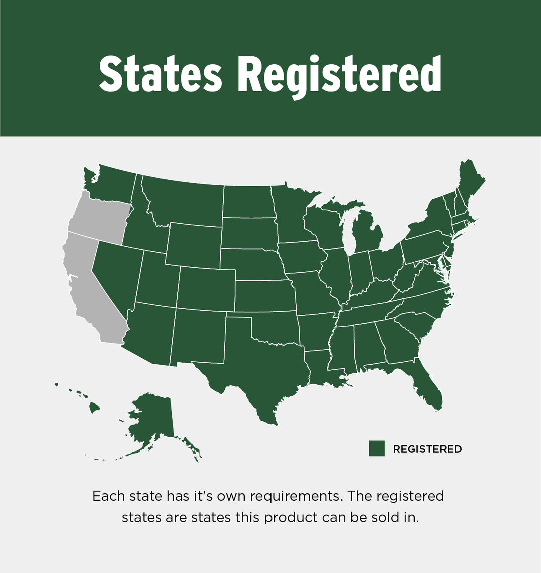 Map showing product is registered in all states except for CA and OR