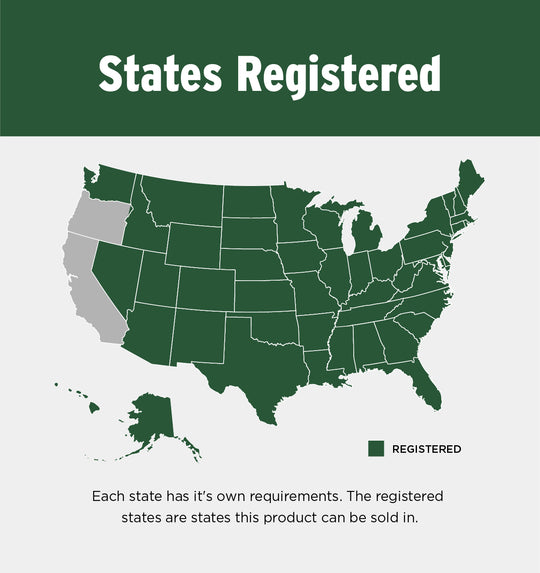Map showing product is registered in all states except for CA and OR